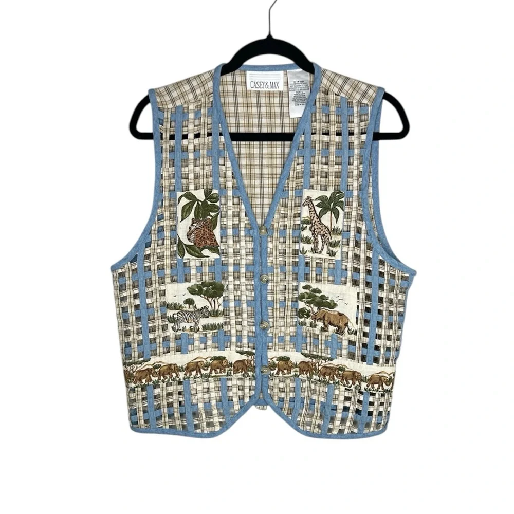 Vintage Casey & Max Patchwork Safari Animals Lattice And Plaid Cotton Linen Vest